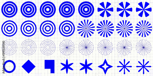 Geometric patterns featuring circles ellipses and radial starburst designs