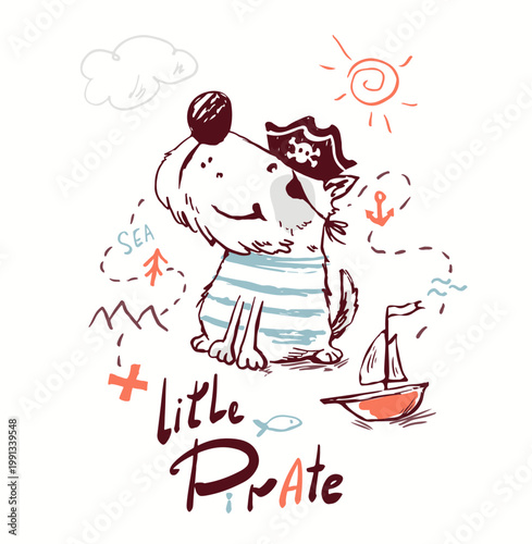 Cute dog pirate with ship and treasure map