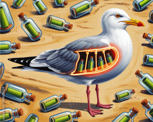 Surreal seagull anatomy illustration with message bottles on beach sand, conceptual marine pollution and conservation art