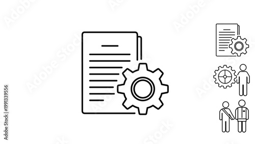 Simple line icon of a document paper with a cogwheel gear representing file management and technical configuration settings.