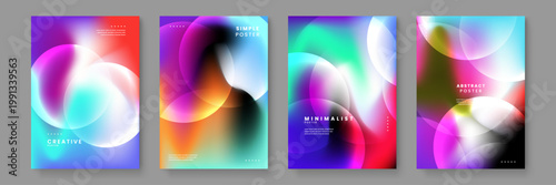 Set of dynamic posters featuring liquid orbs and vibrant gradients with glassy translucent overlay effects