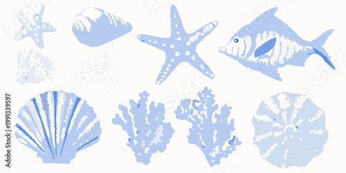 A collection of blue sea life illustrations shells starfish coral and fish