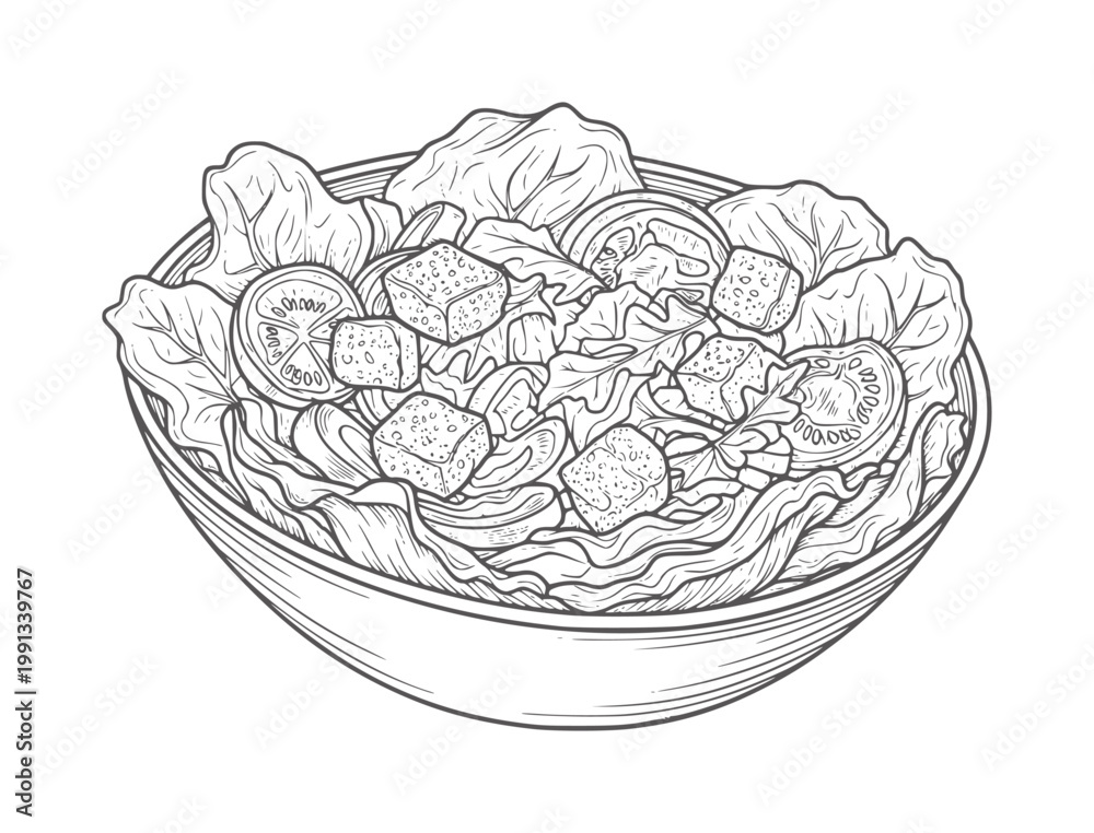 Fototapeta premium Hand drawn salad with lettuce tomato and croutons in a bowl