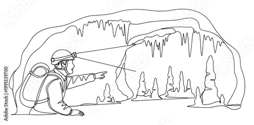 Continuous line drawing of a speleologist with a headlamp exploring a subterranean cave pointing at natural rock formations perfect for adventure tourism and educational content