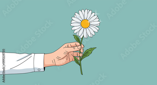 Human hand holding a single white daisy flower against a solid teal background, symbolizing nature, gift giving, and simple beauty.