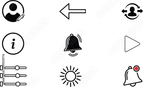 Black silhouette icons user arrow settings info bell and more