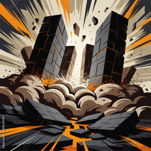 Dramatic comic style explosion with shattered stone pillars, flying debris, dust clouds and orange energy burst