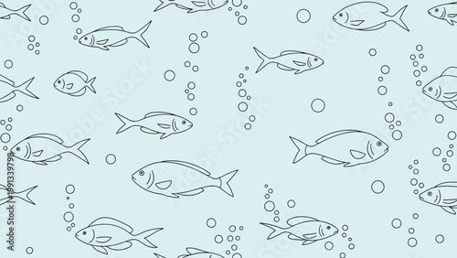 Minimalist seamless pattern featuring small fish swimming among bubbles on a light blue background creating a calm ocean scene.