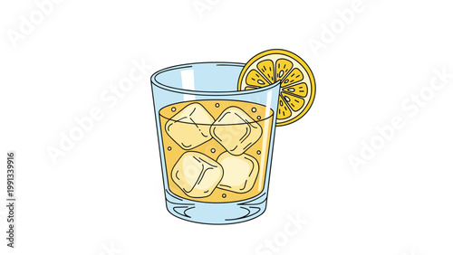 Refreshing glass of iced tea filled with ice cubes and garnished with a fresh lemon slice on the rim against white.