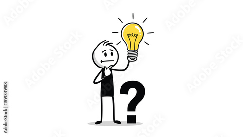 Stickman figure in a thinking pose holding a glowing yellow lightbulb above a large black question mark symbol.