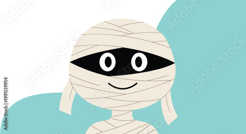 Cute cartoon mummy character wrapped in bandages with big eyes and a smile over a light blue and white background.