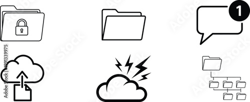 Digital icons set folders messages cloud storage and network connectivity silhouette