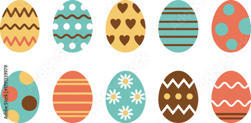 Minimal Easter eggs set with colorful patterns zigzags dots stripes and florals flat vector illustration on white background