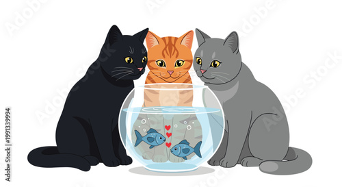 Three different colored cats watching two blue fish swimming in a glass fishbowl with red hearts on a white surface.