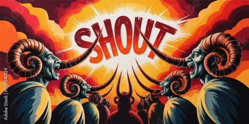 Surreal Horned Crowd Shouting Protest Illustration with Explosive Typography, Fiery Sky, Dramatic Satire and Social Tension