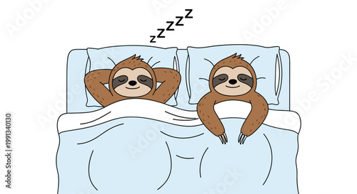 Two cute sloths sleeping together in a bed with pillows and a blue blanket under zzz symbols on a white background.