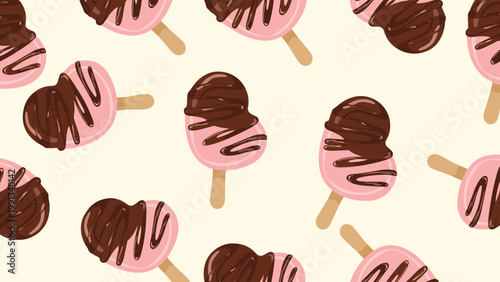 Pattern of pink heart shaped ice cream popsicles dipped in dark chocolate over a light cream colored background.