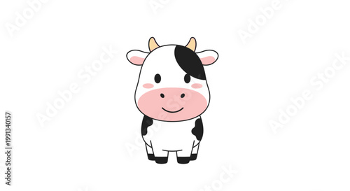 Adorable cartoon cow with black spots and pink cheeks standing and smiling on a plain white background in a simple flat style.
