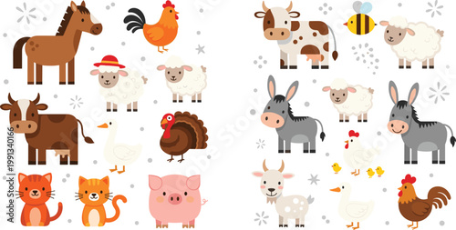 Cute farm animals cartoon set with cow pig horse sheep chicken duck turkey donkey cat vector illustration