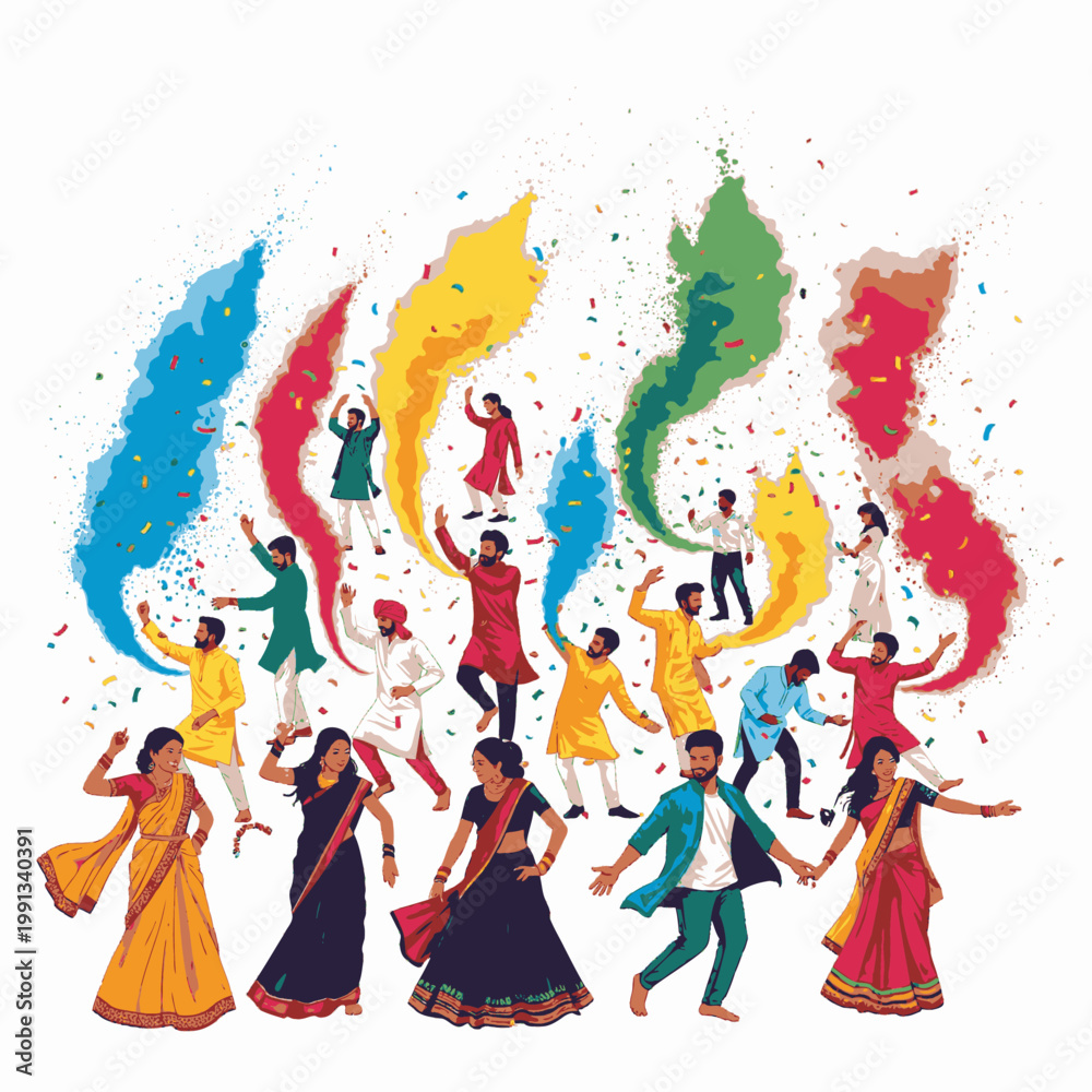 Fototapeta premium Indian People Celebrating Holi Festival with Joyful Dancing, Colorful Powder, and Confetti