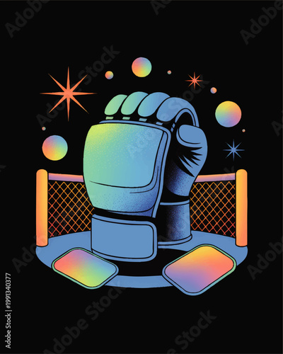 Futuristic goalkeeper glove in neon space arena with stars, planets and goal net, vibrant retro sci fi sports illustration