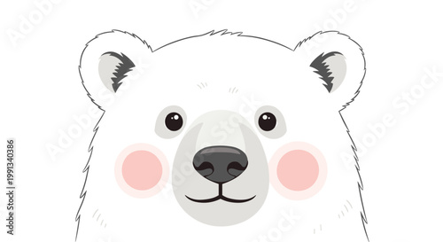 Close up of a cute polar bear face with rosy pink cheeks and fluffy fur textures shown against a plain white background.