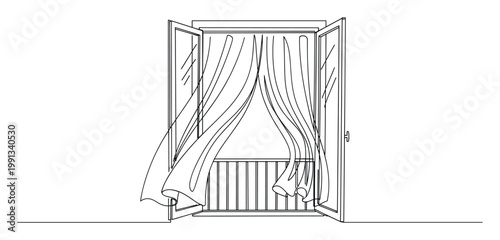 Line drawing of open window with curtains blowing in wind, ideal for architecture or interior design inspiration.