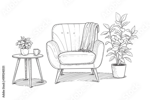 Of a cozy armchair with a blanket and plants potted table