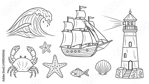 Nautical black outline collection of marine life and objects for educational or creative projects
