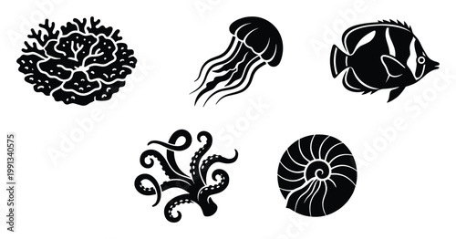 Monochrome silhouette set featuring coral, jellyfish, fish, octopus, and nautilus shell for marine life branding