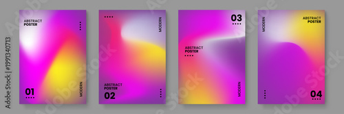Set of four aesthetic abstract posters with smooth purple and yellow liquid gradients for modern branding and interior decor