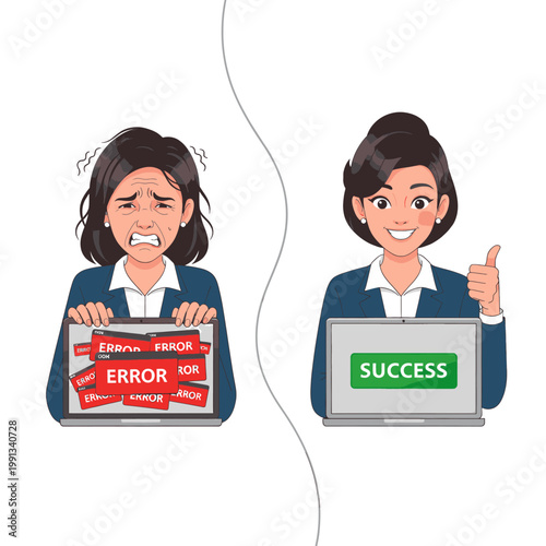 Businesswoman's contrast: frustrated with errors vs. happy with success on laptop