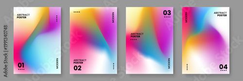 Set of abstract posters featuring high-quality fluid mesh gradients with bold color contrasts for contemporary digital design