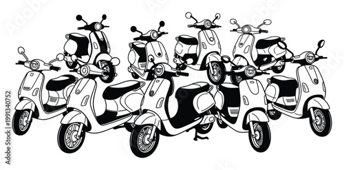 Dynamic monochrome scooters conveying urban mobility and compact transportation lifestyle for visual projects