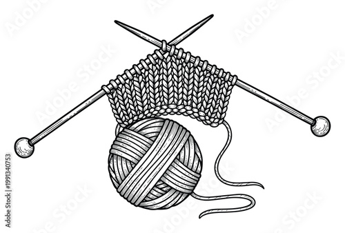 Black and white sketch of knitting needles with yarn stitches and a classic ball of thread for needlework activities