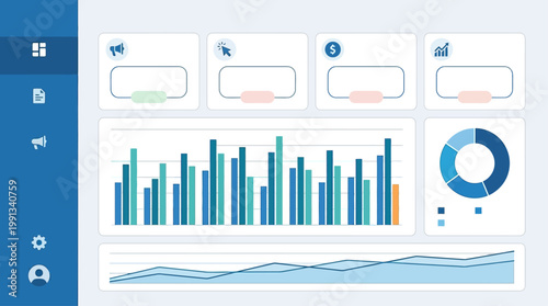 Digital marketing analytics dashboard with charts, graphs, and icons representing campaign performance and growth metrics