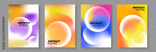 Set of modern poster designs featuring fluid gradient backgrounds and colorful translucent liquid spheres for creative branding and advertising