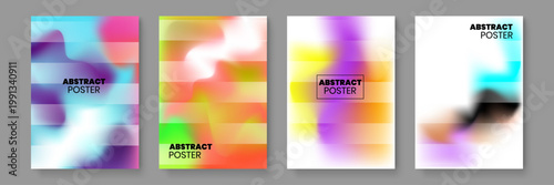 Contemporary poster templates showcasing abstract glitch effects and horizontal blurred gradient waves for digital art projects