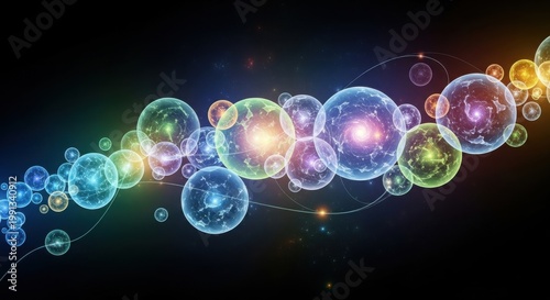 A cluster of glowing blue and purple plasma bubbles shines like 3d electric atoms or abstract planets floating in a dark science space illustration