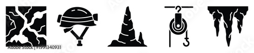 Speleology and caving adventure equipment icons with cave formations for extreme sports and underground exploration visuals