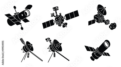 Diverse black silhouette spacecraft and observation telescopes representing cosmic exploration and scientific advancement for various projects
