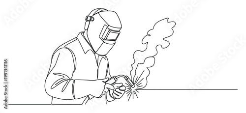 Welder in safety gear performs welding with torch, emitting sparks and smoke, ideal for industrial themes.