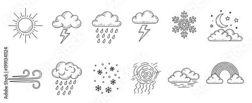 Hand drawn weather icons set featuring sun clouds rain snow wind and rainbow for mobile apps and forecasts