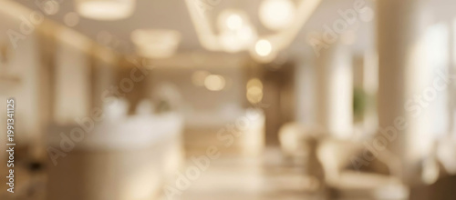 A blurred interior of a modern and elegant reception area, featuring soft lighting, neutral colors, and stylish furniture, creating a welcoming atmosphere.