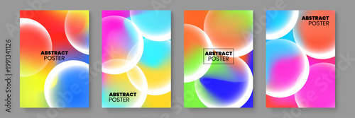 Colorful abstract posters featuring glowing translucent spheres and vibrant mesh backgrounds with a futuristic bubble aesthetic