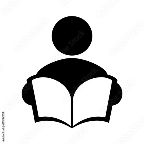 Icon of a person sitting and holding an open book in front