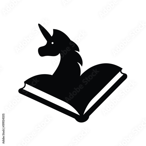 Silhouette of a Unicorn Emerging From an Open Book of Knowledge