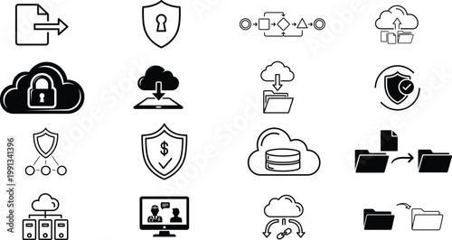 Security and data protection icons set black silhouette illustrations for digital safety