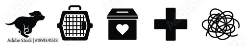 Essential icons for pet care, animal welfare, veterinary support, adoption, and complex issues