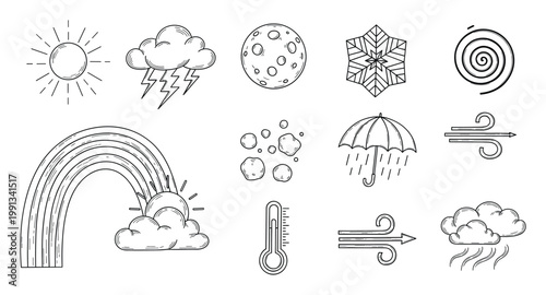 Hand drawn weather forecast meteorology symbols for seasonal climate educational applications and visual graphic presentations